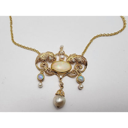 Vintage 18K Yellow Gold Opal, Pearl & Diamond Choker Link Chain Necklace