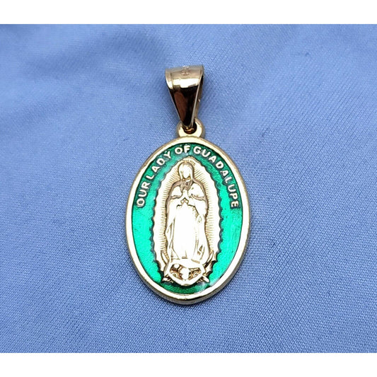 14K Solid Yellow Gold Green Enamel Saint Mary Guadalupe Charm Pendant