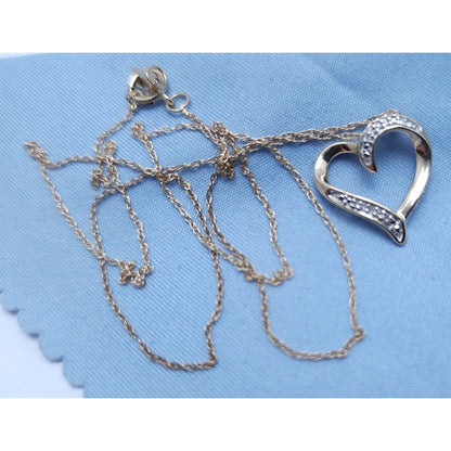 10K Yellow Gold Open Heart Diamond Charm Pendant & Link Chain Necklace