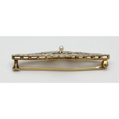 Vintage Victorian 14K Two Tone Gold Pearl Brooch Pin