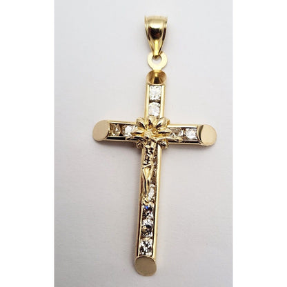 14K Solid Yellow Gold Jesus On Cross CZ Charm Pendant