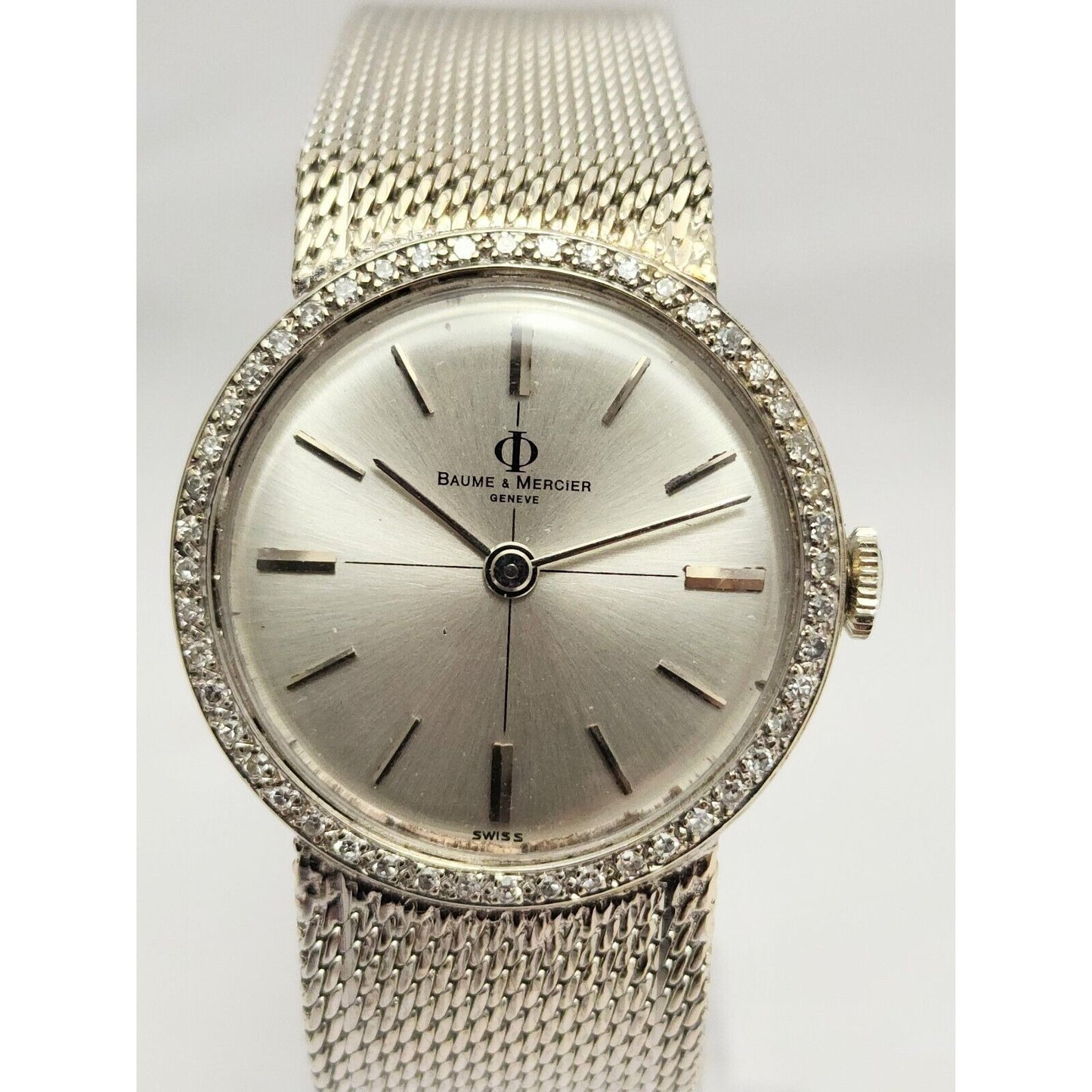 Vintage Baume Mercier 14k White Gold & Diamond Bezel Mesh Ladies Winding Watch