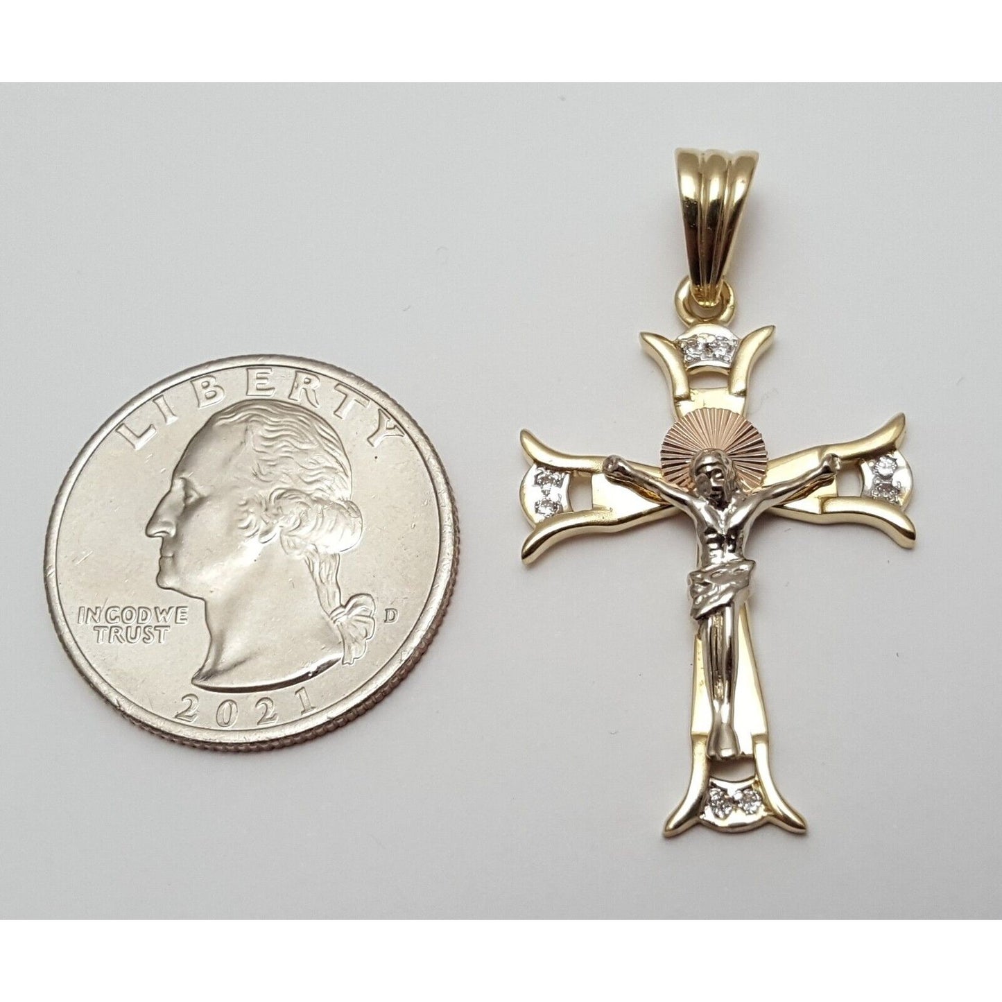 14K Solid Two Tone Gold Jesus on Cross Cubic Zirconia Charm Pendant