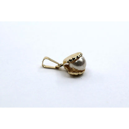 14K Yellow Gold Pearl Drop Dangle Sea Shell Clam Charm Pendant