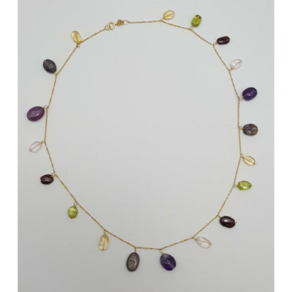 18K Yellow Gold Multi Colored Gemstones Garnet Peridot Amethyst Chain Necklace