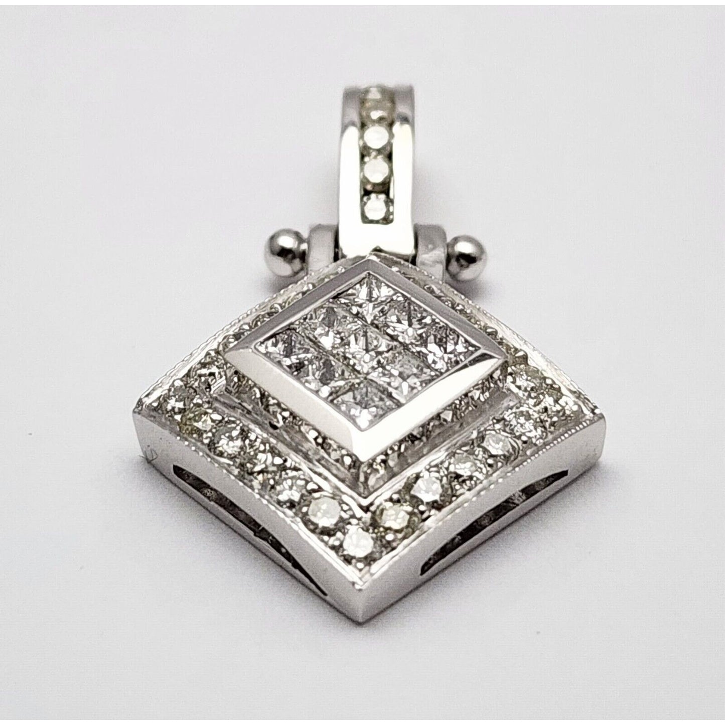 14K Solid White Gold Rhombus Diamond Charm Pendant