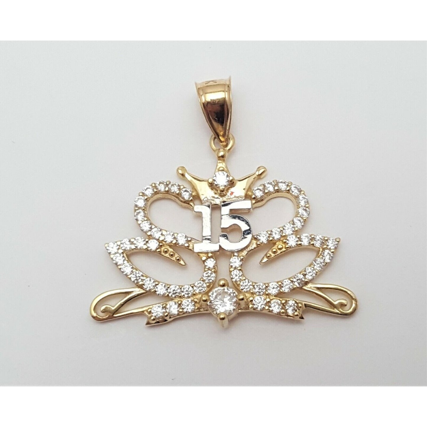 14K Solid Two Tone Gold Quinceañera " 15 " CZ Pendant Charm