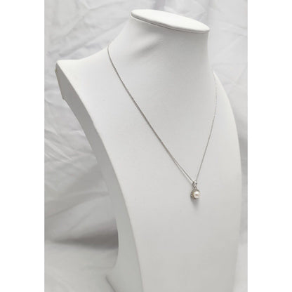 14K White Gold Pearl & Diamond Charm Pendant Link Chain Necklace