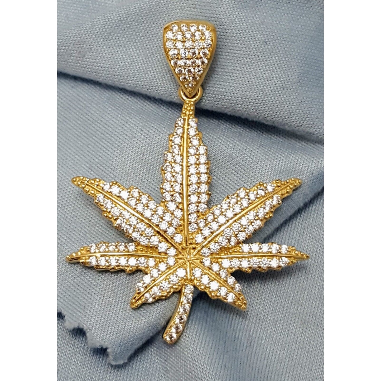 10K Solid Yellow Gold Cubic Zirconia Marijuana Leaf Weed Charm Pendant