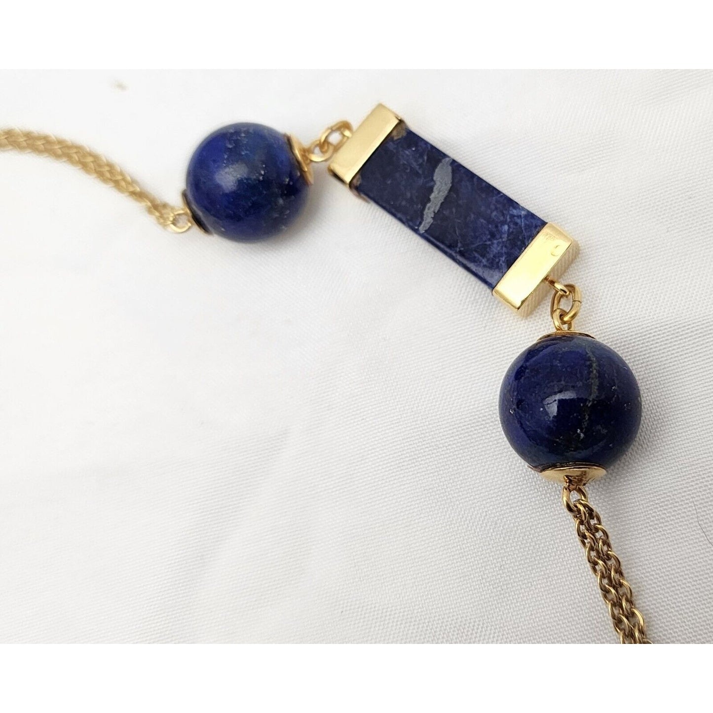 18K Solid Yellow Gold Floral Lapis Lazuli Bead Ball Link Chain Necklace