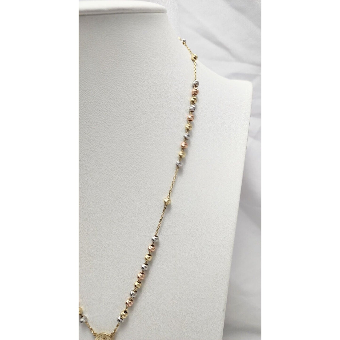 14K Tri Tone Gold Bead Ball Rosary Cross Link Chain Necklace