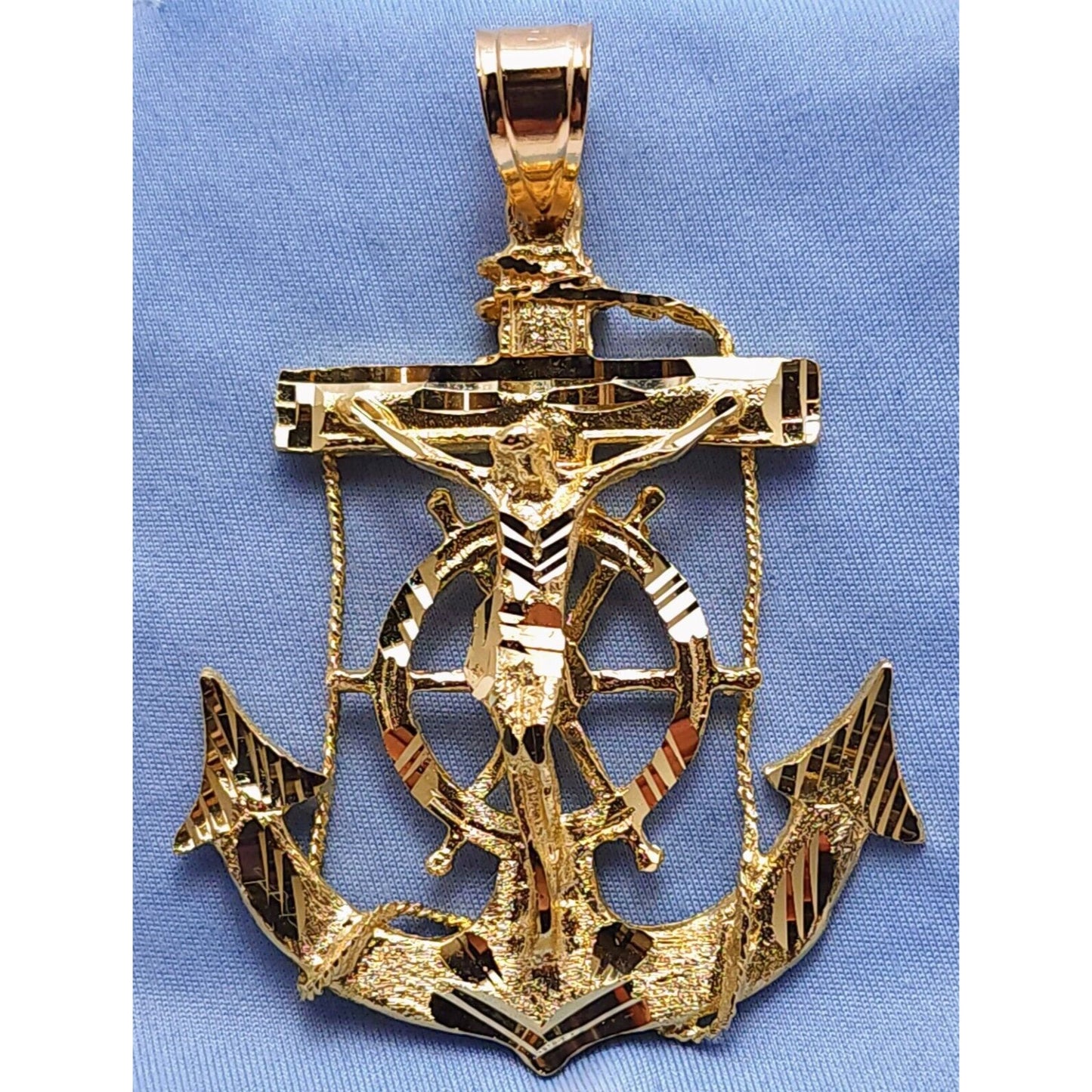 14K Yellow Gold Religious Jesus on Anchor Cross Charm Pendant