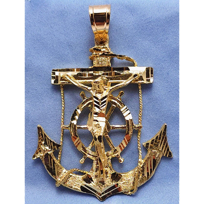14K Yellow Gold Religious Jesus on Anchor Cross Charm Pendant