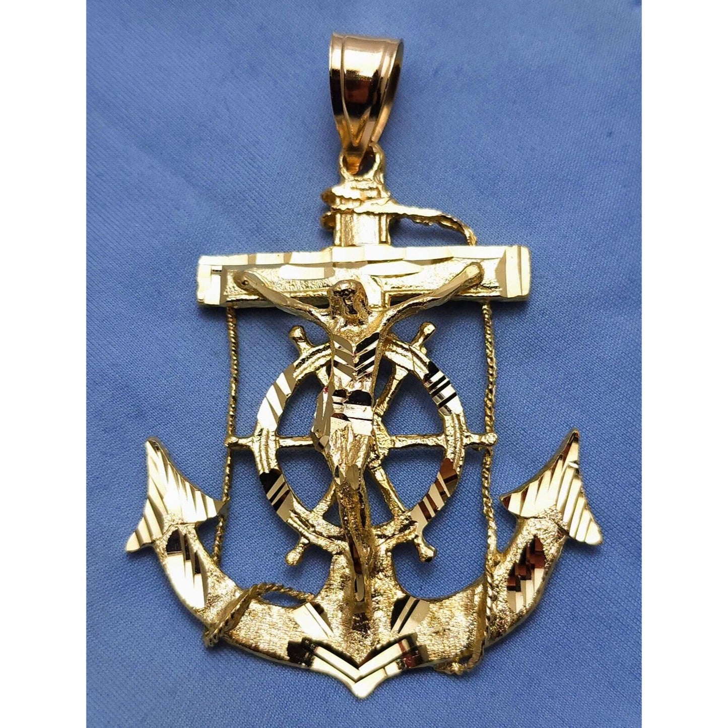 14K Yellow Gold Religious Jesus on Anchor Cross Charm Pendant