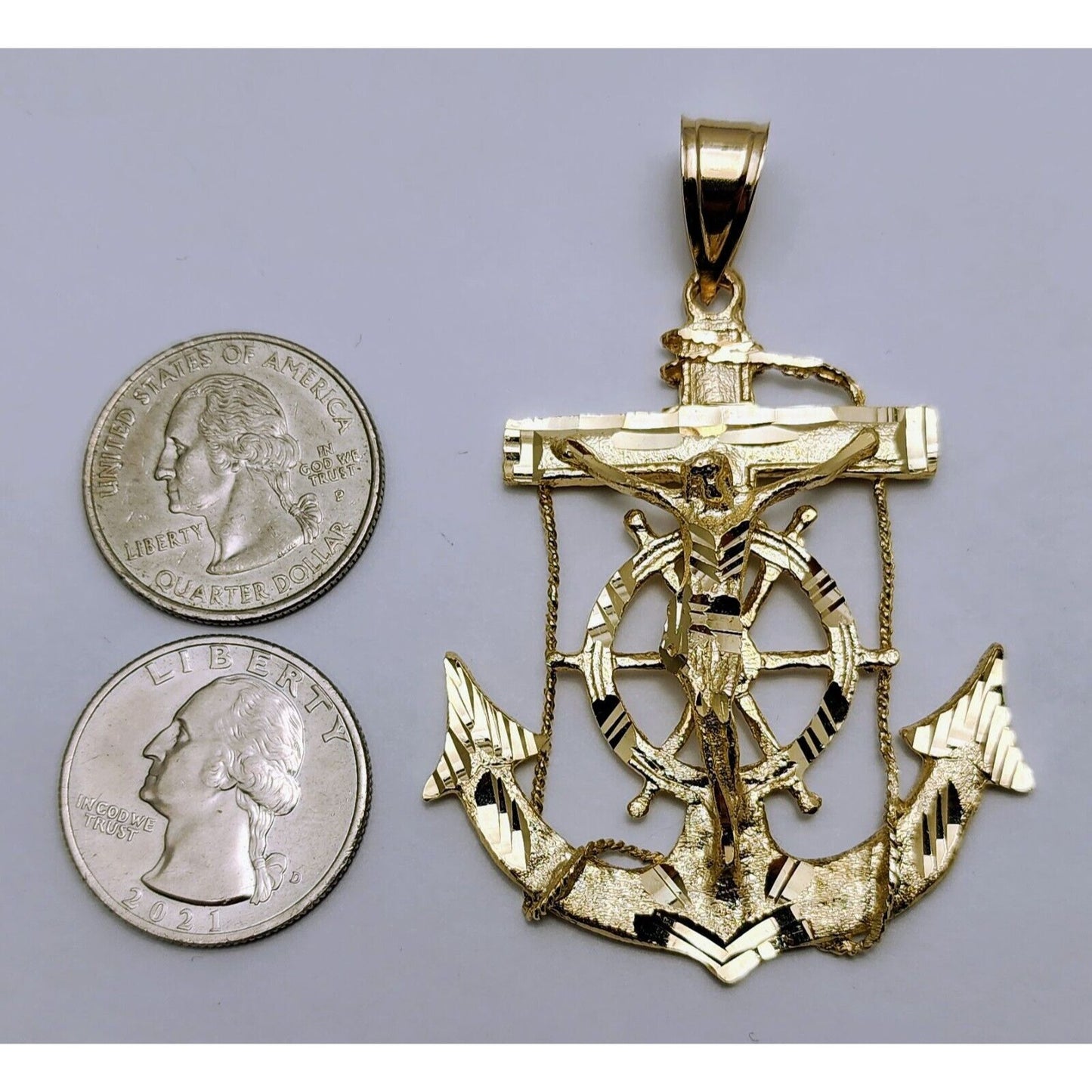 14K Yellow Gold Religious Jesus on Anchor Cross Charm Pendant