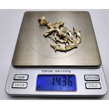 14K Yellow Gold Religious Jesus on Anchor Cross Charm Pendant