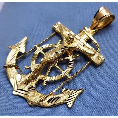 14K Yellow Gold Religious Jesus on Anchor Cross Charm Pendant