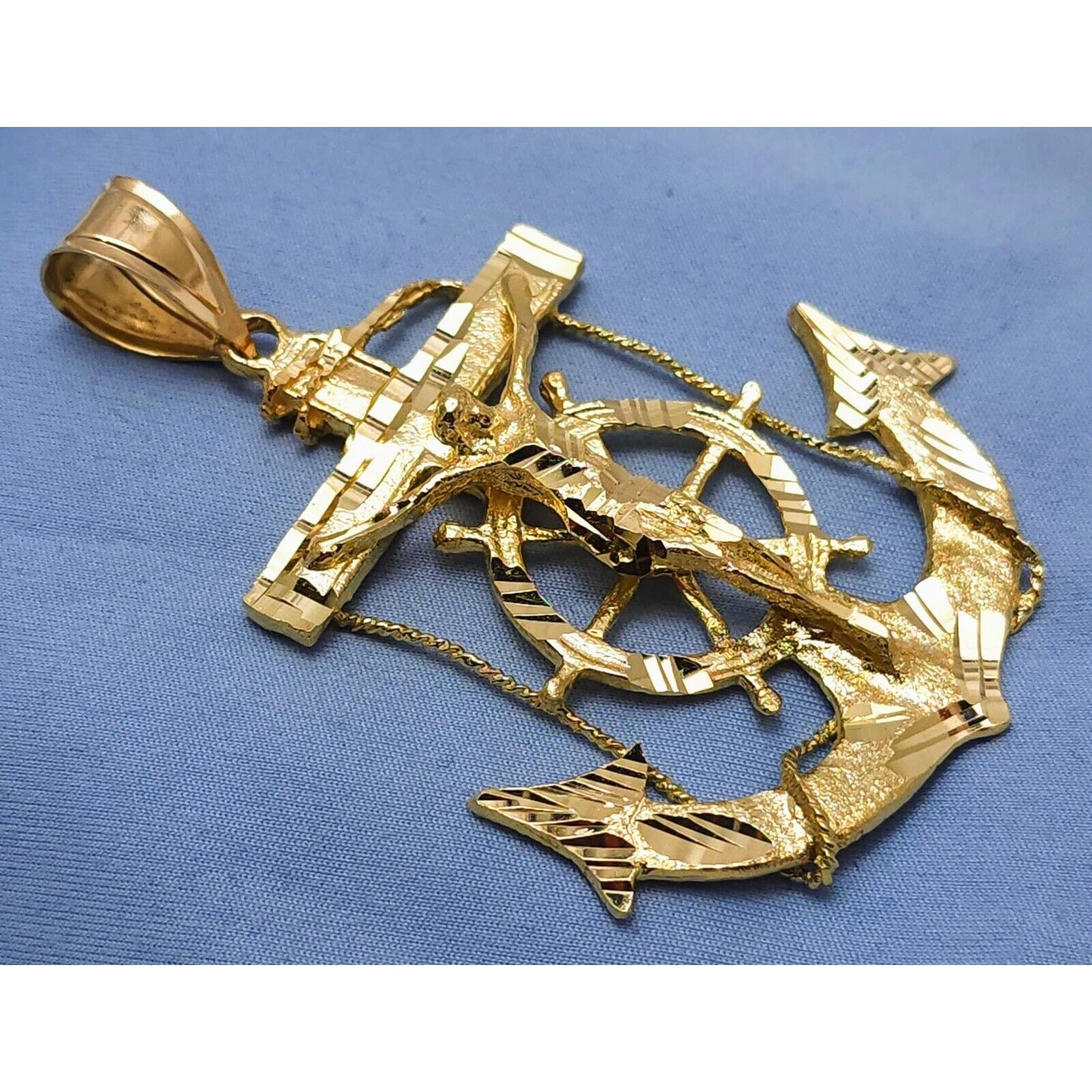 14K Yellow Gold Religious Jesus on Anchor Cross Charm Pendant