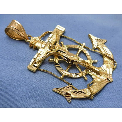 14K Yellow Gold Religious Jesus on Anchor Cross Charm Pendant
