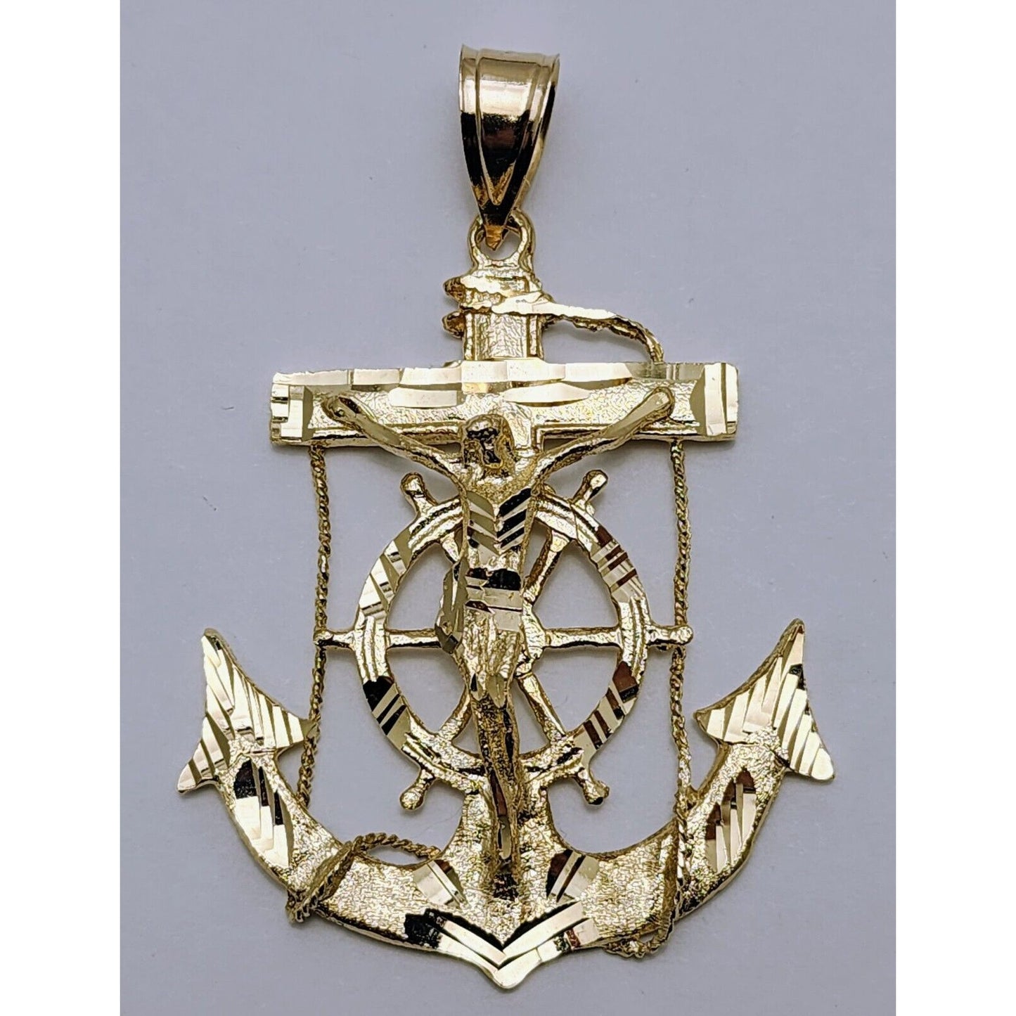 14K Yellow Gold Religious Jesus on Anchor Cross Charm Pendant