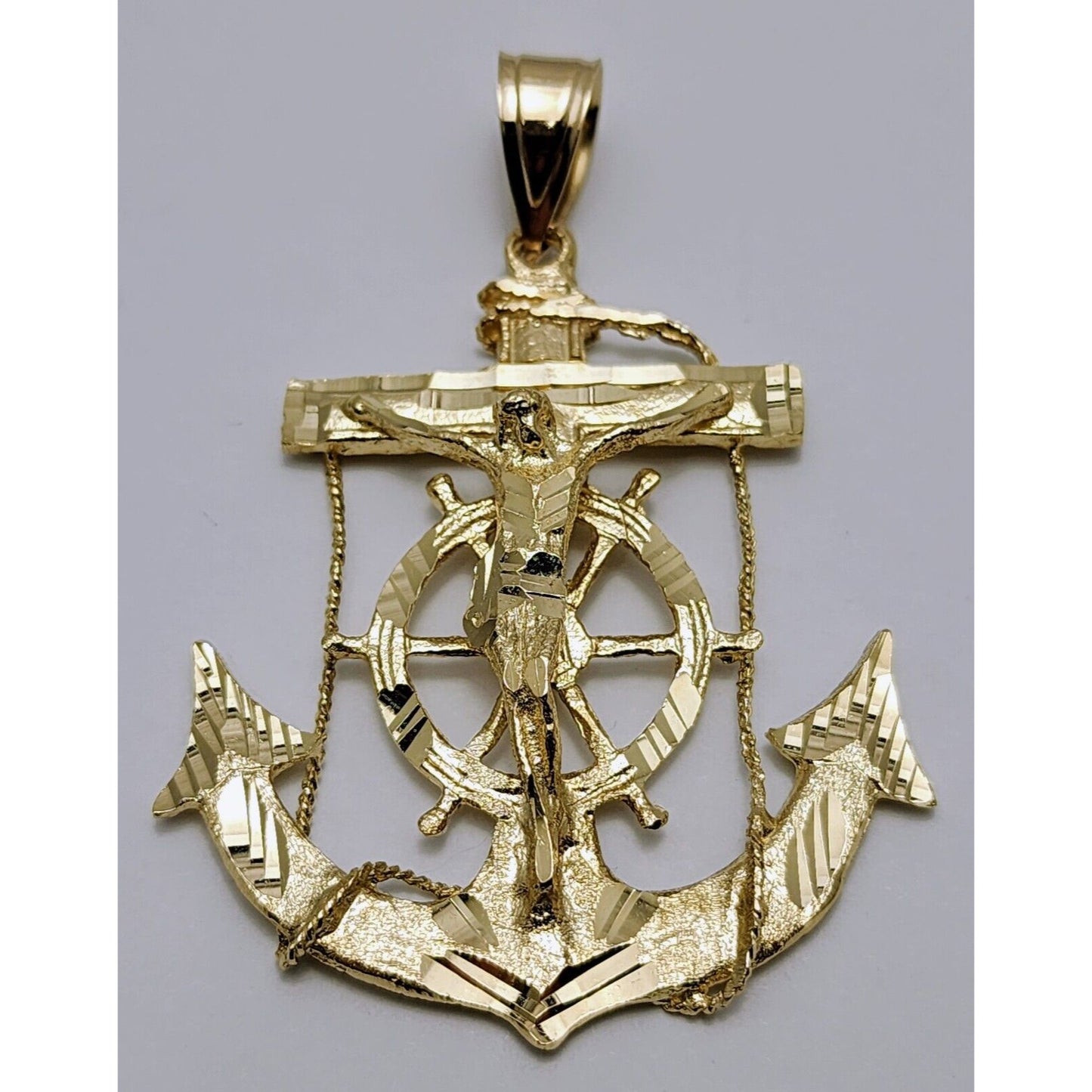 14K Yellow Gold Religious Jesus on Anchor Cross Charm Pendant