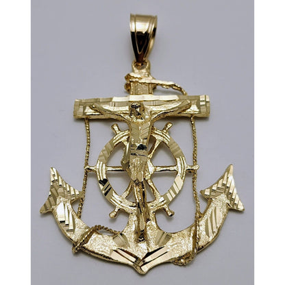 14K Yellow Gold Religious Jesus on Anchor Cross Charm Pendant