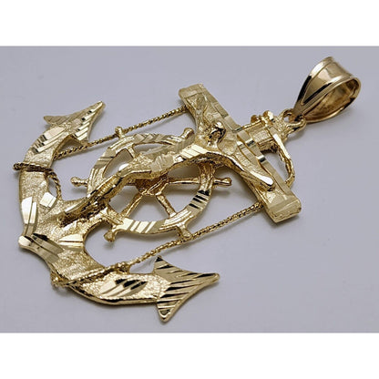 14K Yellow Gold Religious Jesus on Anchor Cross Charm Pendant