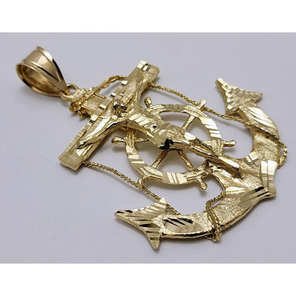 14K Yellow Gold Religious Jesus on Anchor Cross Charm Pendant