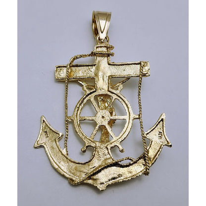 14K Yellow Gold Religious Jesus on Anchor Cross Charm Pendant