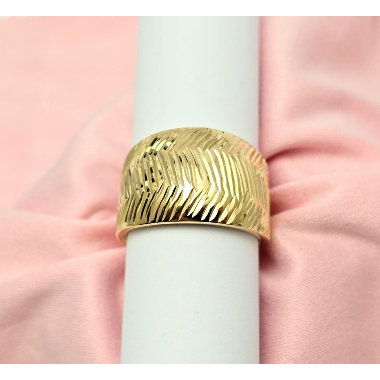 14K Yellow Gold Diamond Cut Textured Wide Band Ring