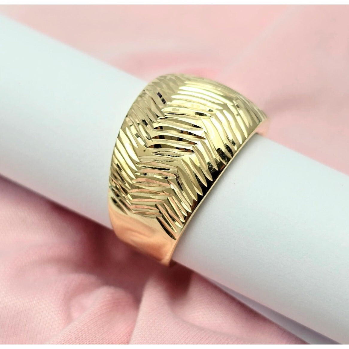 14K Yellow Gold Diamond Cut Textured Wide Band Ring