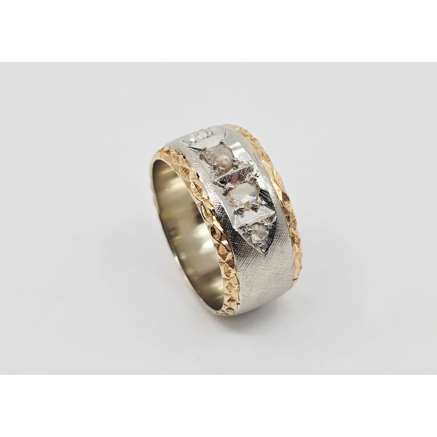 14K Two Tone Gold Raw Diamond Wide Band Ring