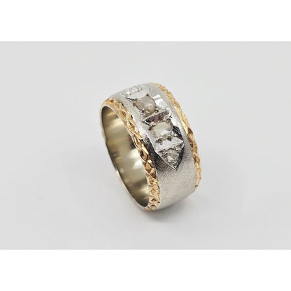 14K Two Tone Gold Raw Diamond Wide Band Ring