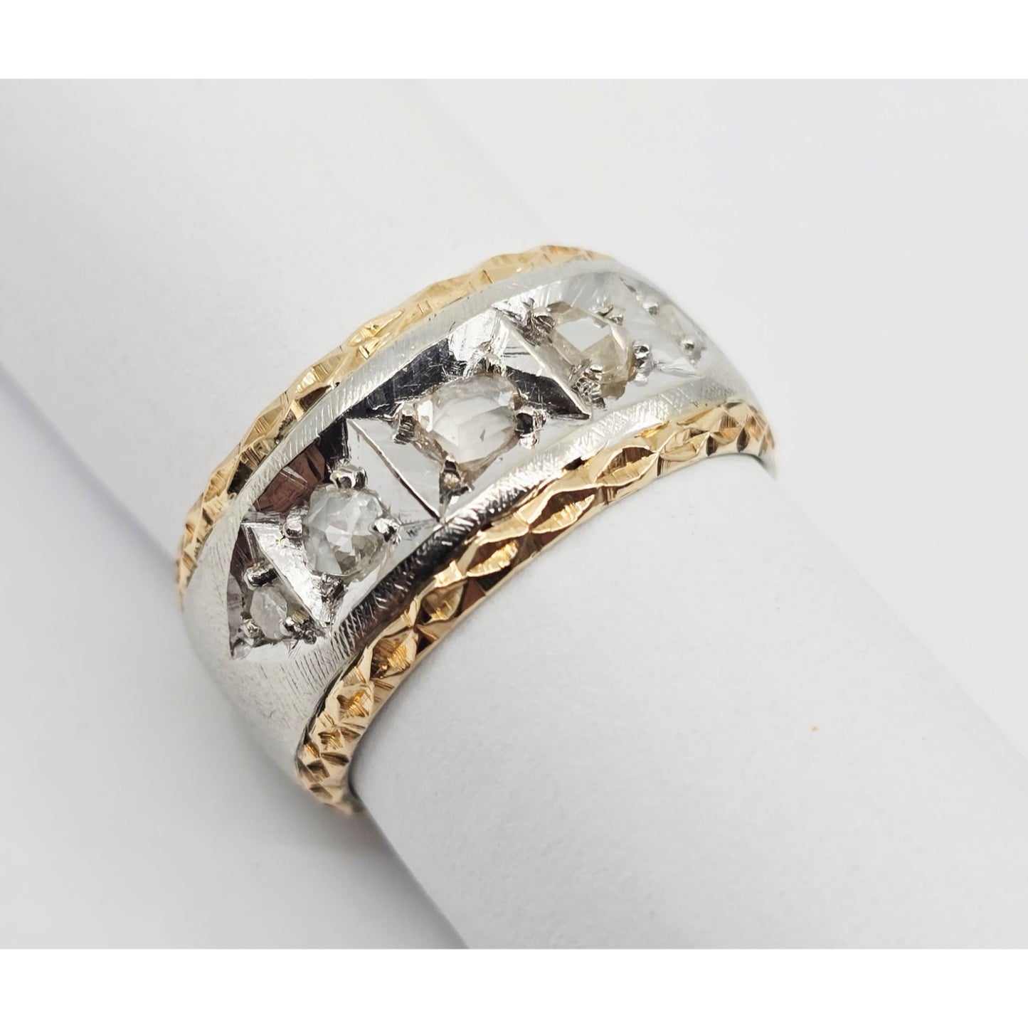 14K Two Tone Gold Raw Diamond Wide Band Ring