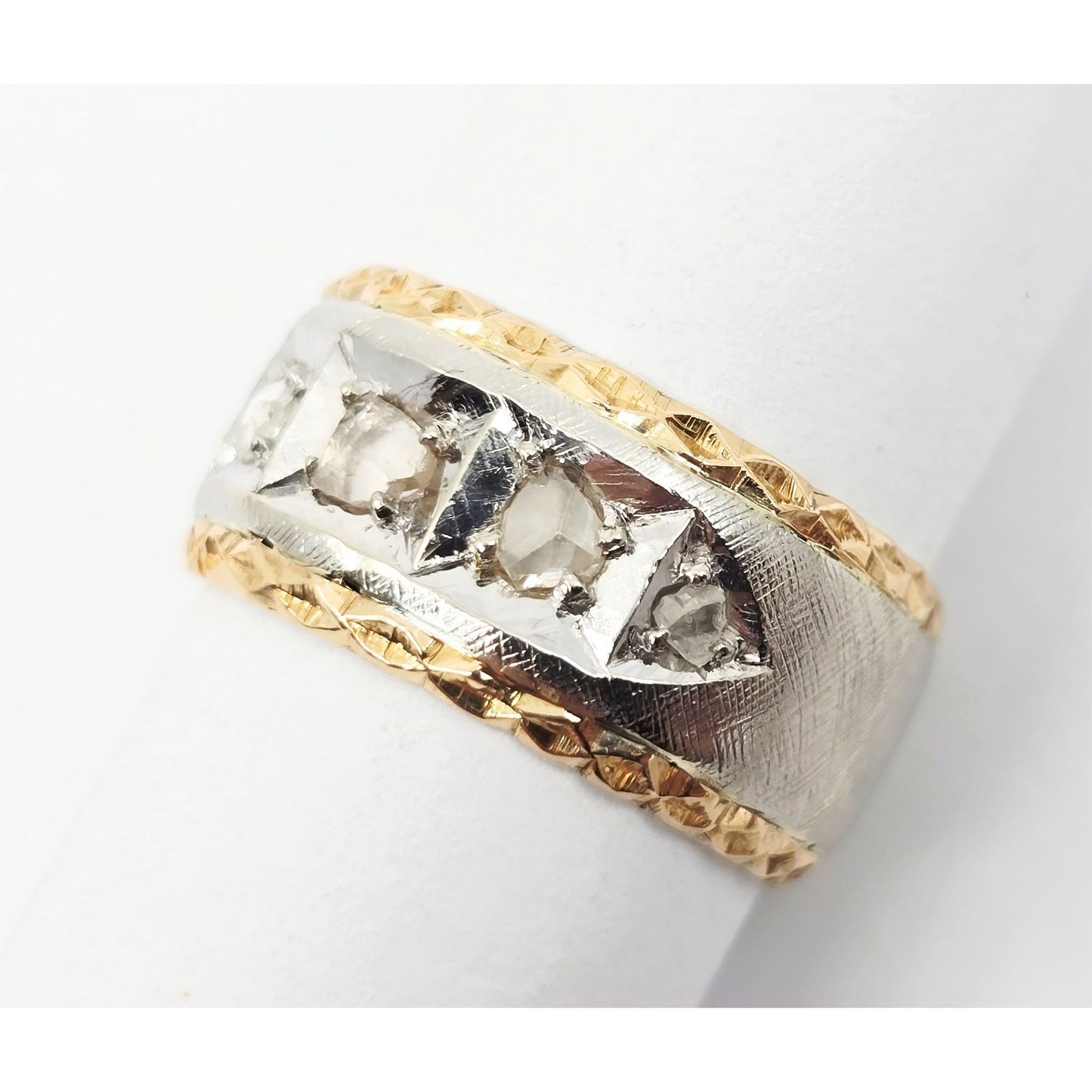 14K Two Tone Gold Raw Diamond Wide Band Ring
