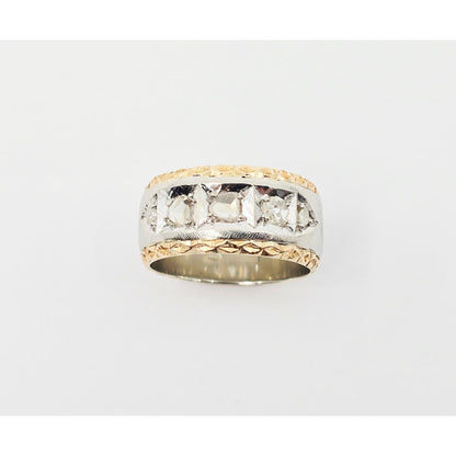 14K Two Tone Gold Raw Diamond Wide Band Ring