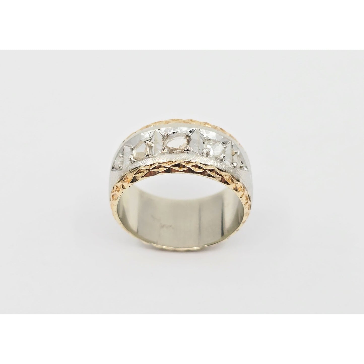 14K Two Tone Gold Raw Diamond Wide Band Ring