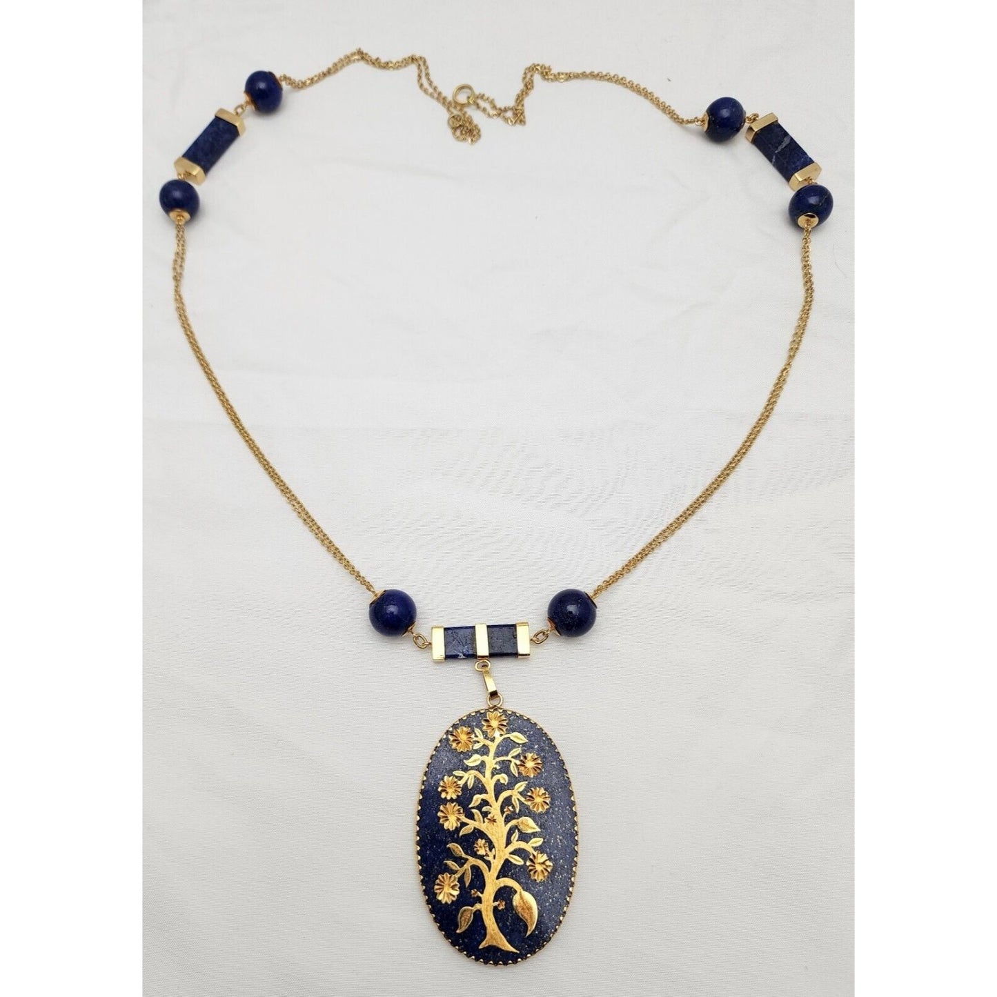 18K Solid Yellow Gold Floral Lapis Lazuli Bead Ball Link Chain Necklace