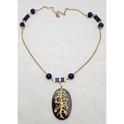 18K Solid Yellow Gold Floral Lapis Lazuli Bead Ball Link Chain Necklace