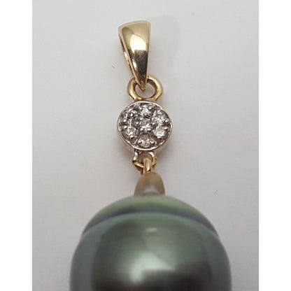 14K Solid Yellow Gold Drop Dangle Tahitian Pearl & Diamond Charm Pendant