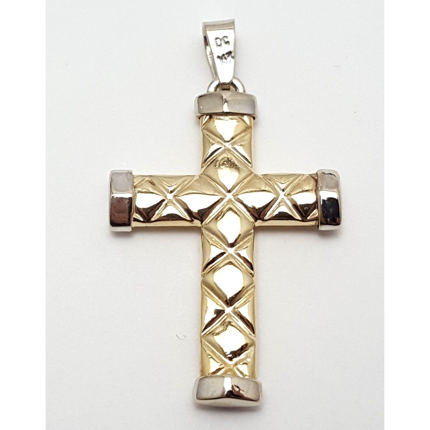 14K Solid Two Tone  Gold Puffy Cross Charm Pendant