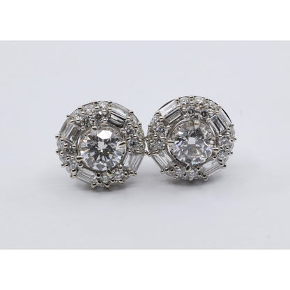 14K White Gold 2.40ctw Lab Grown Round Baguette Diamond Cluster Stud Earrings