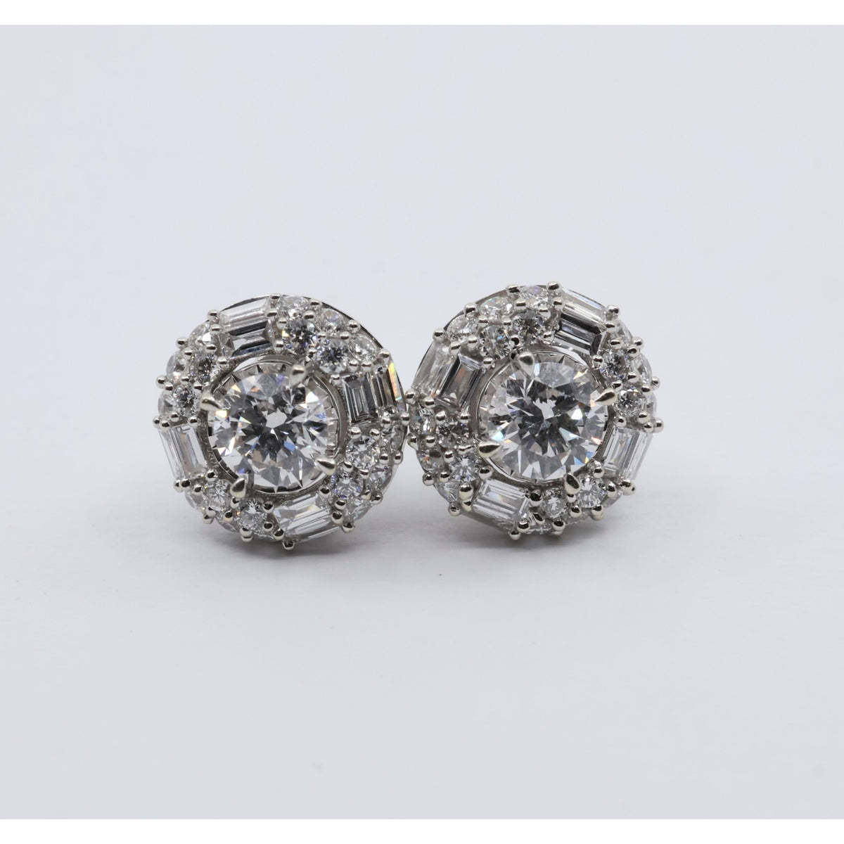 14K White Gold 2.40ctw Lab Grown Round Baguette Diamond Cluster Stud Earrings