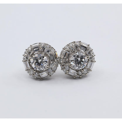 14K White Gold 2.40ctw Lab Grown Round Baguette Diamond Cluster Stud Earrings