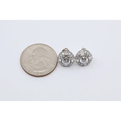 14K White Gold 2.40ctw Lab Grown Round Baguette Diamond Cluster Stud Earrings