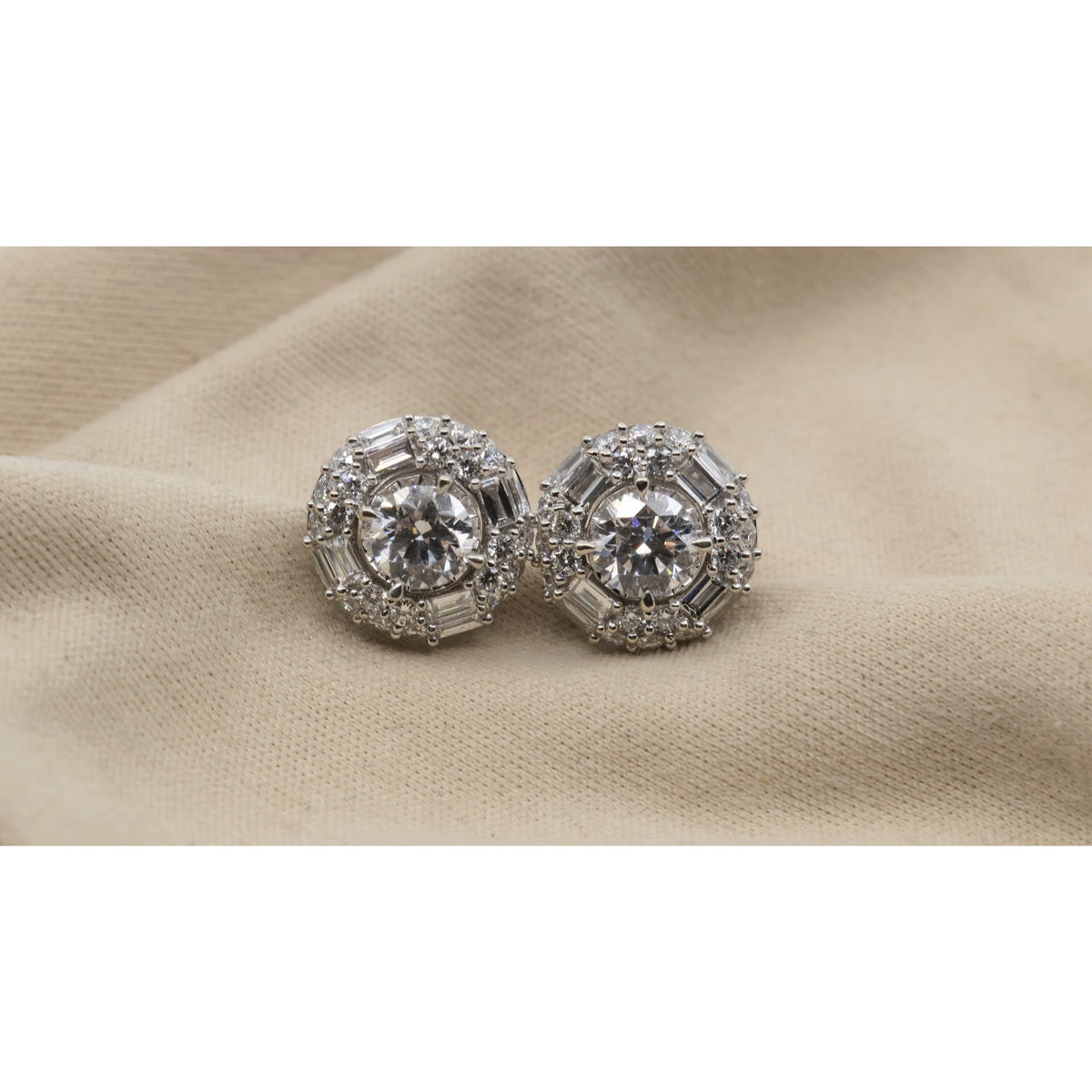 14K White Gold 2.40ctw Lab Grown Round Baguette Diamond Cluster Stud Earrings