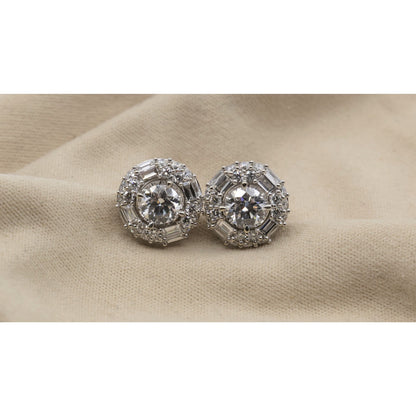 14K White Gold 2.40ctw Lab Grown Round Baguette Diamond Cluster Stud Earrings