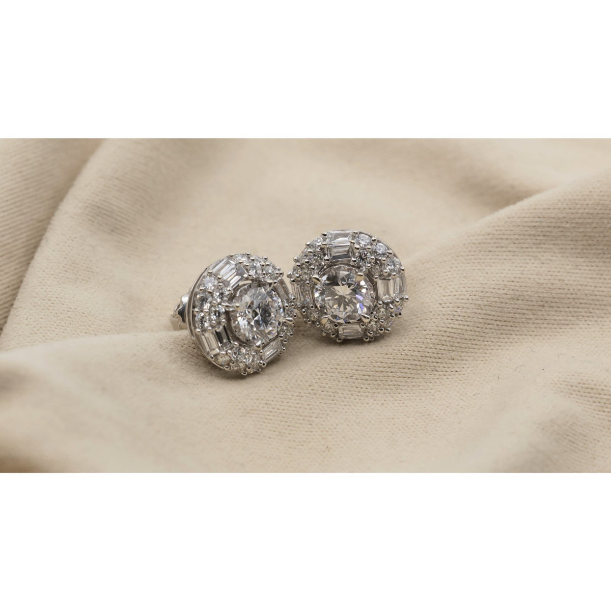 14K White Gold 2.40ctw Lab Grown Round Baguette Diamond Cluster Stud Earrings