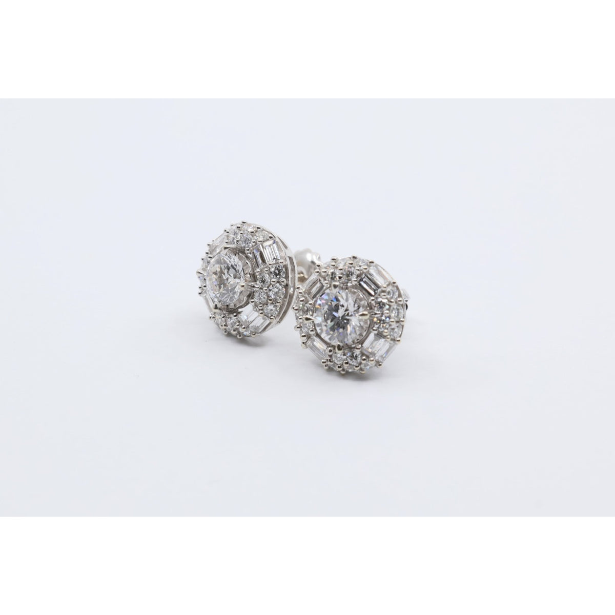 14K White Gold 2.40ctw Lab Grown Round Baguette Diamond Cluster Stud Earrings