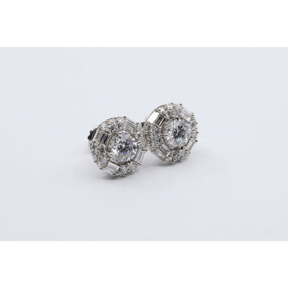 14K White Gold 2.40ctw Lab Grown Round Baguette Diamond Cluster Stud Earrings